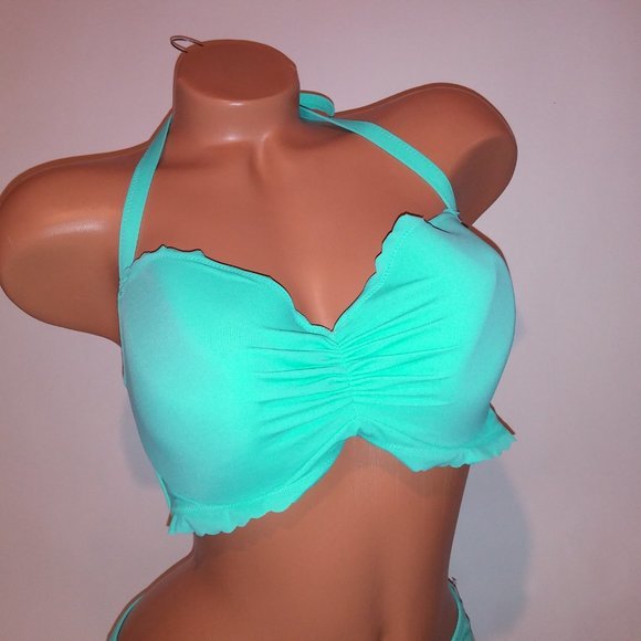 Victoria Secret Swim Bikini‎ 38D Top Large Bottom Aqua Seafoam Glow Scallop Trim - Picture 4 of 9